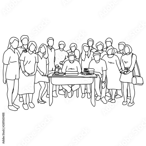 fifteen people standing together with the man sitting on the table at the center vector illustration sketch doodle hand drawn with black lines isolated on white background