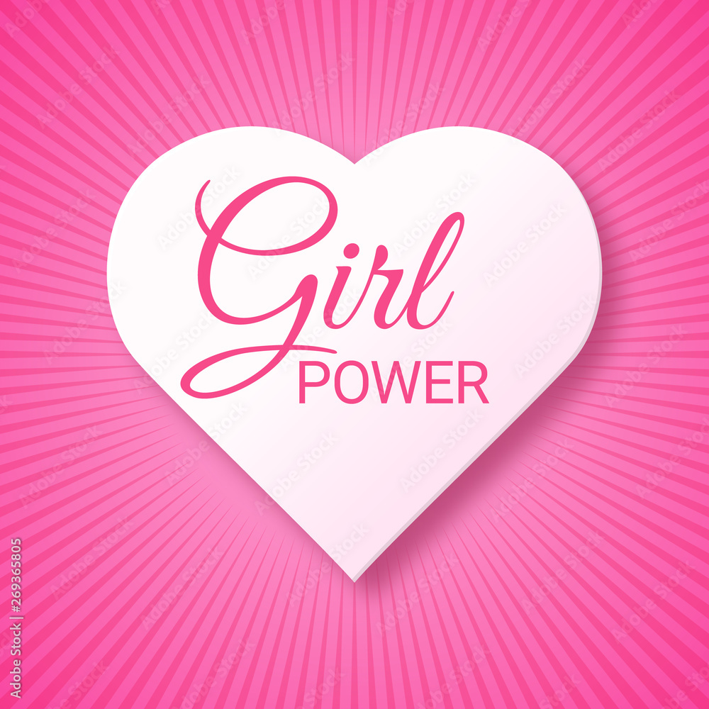 Girl Power pink text in a heart shape. Feminism, Women's rights movement. Slogan for girls independence. Modern badge, vector illustration for t-shirt, poster, decoration for Feminists March.