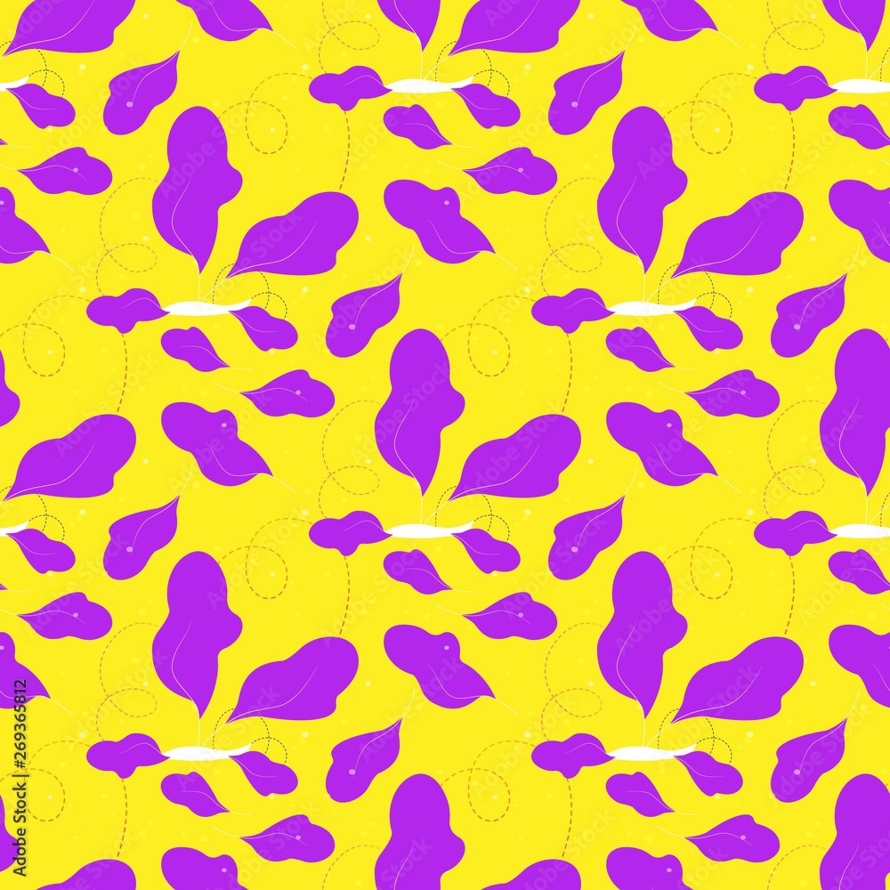 Seamless Print of Pink Leaves on Yellow Background