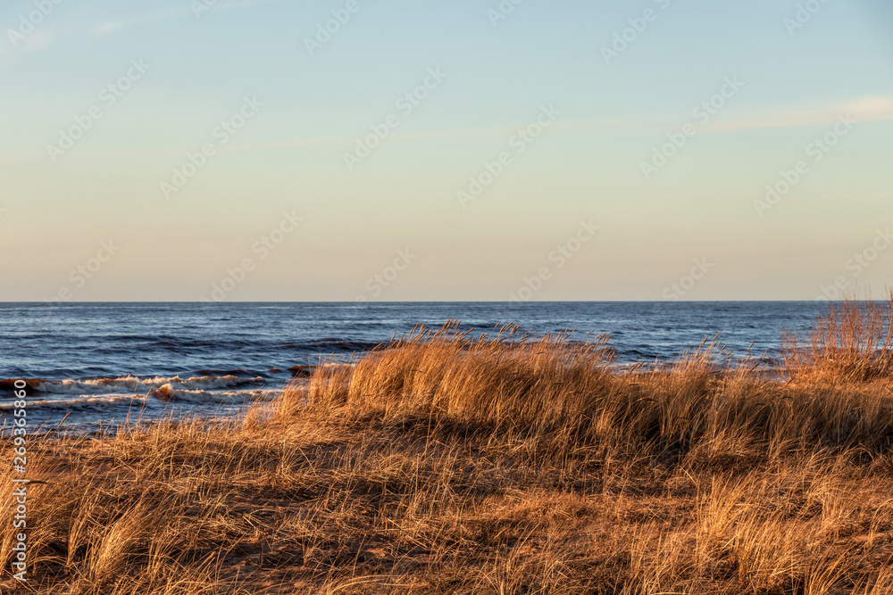 Calm Baltic sea background in golden hour