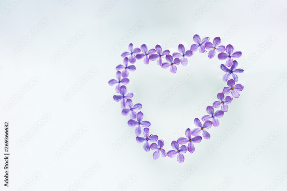 ..Flowers of violet lilac are laid out on a white background in the form of a heart. Soft image. Template for postcards.