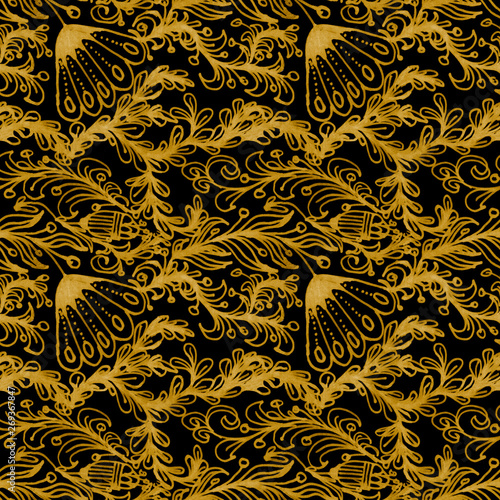 floral ornament drawn by hand with a golden color on a black background