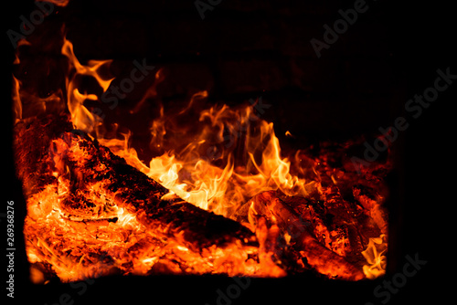 bright flame of fire burns in a fireplace