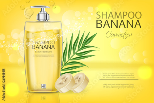 Banana shampoo Vector realistic mock up. Yellow bottle cosmetics. Product placement label design. Detailed 3d illustrations