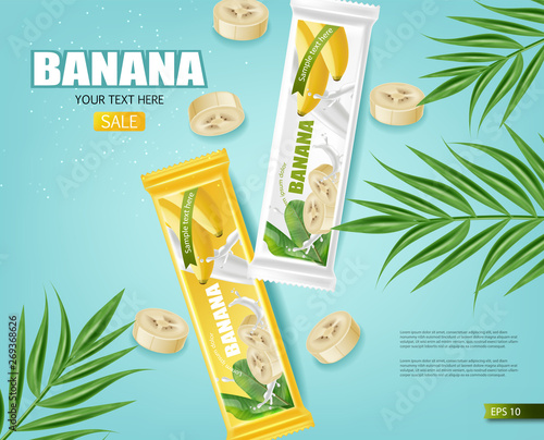 Banana chocolate Vector realistic mock up. Product placement label design. De...