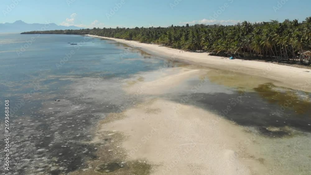 Aerial drone parallax shot of a tropical sandy beach showing the blue waters, the sandy beach and the rainforest Aerial drone parallax shot of a tropical sandy beach showing the blue waters, the sandy beach and the rainforest