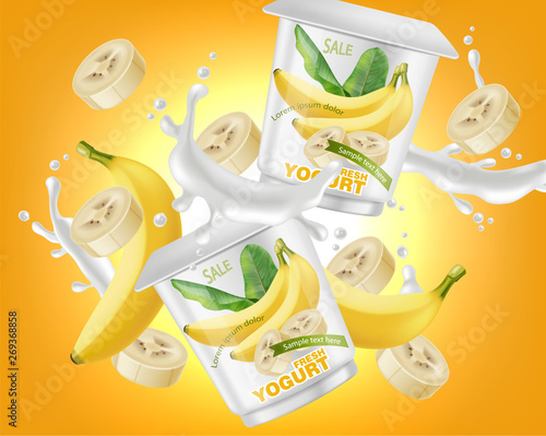 Banana yogurt package splash Vector realistic. Product placement label design...
