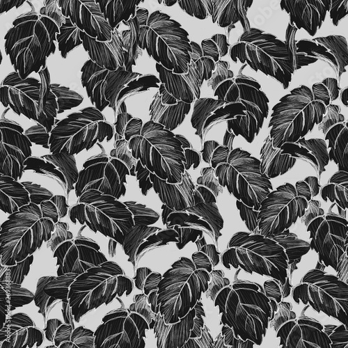 bush drawing of black leaves with white lines on a light blue color