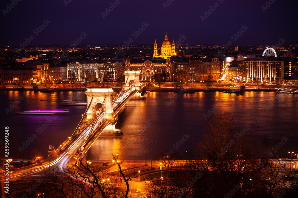 The Chain Bridge in Budapest in the evening. Night city skyline. Sightseeing in Hungary.