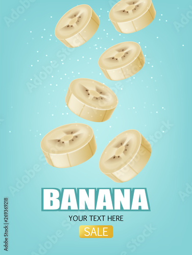 Banana slices summer background Vector realistic. Juicy fruit falling poster ...