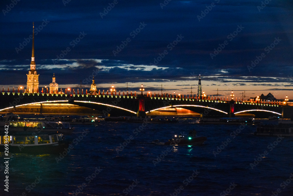 View of the Neva River water area at night