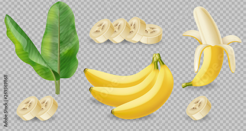 Banana fruits isolated on transparent Vector realistic poster template. Mock ...