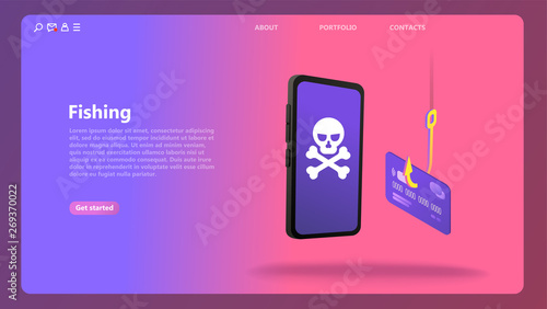 Phishing via internet isometric vector concept illustration. Hacking credit card personal information. Mobile data security, online payment. Secure bank transaction with password verification internet