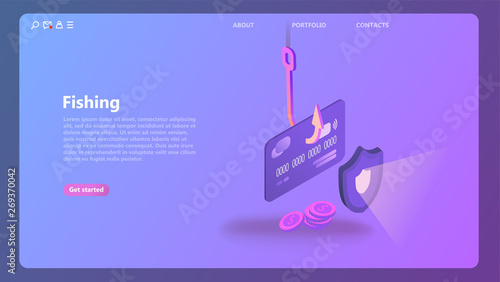 Phishing via internet isometric vector concept illustration. Hacking credit card personal information. Mobile data security, online payment. Secure bank transaction with password verification internet