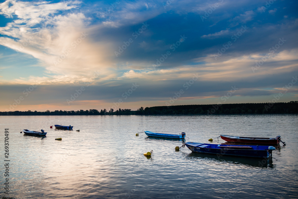 Naklejka premium Danube with colorful skies in the evening, Sunset at Danube river