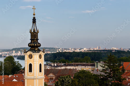 Panoramic view with beautiful old church tower