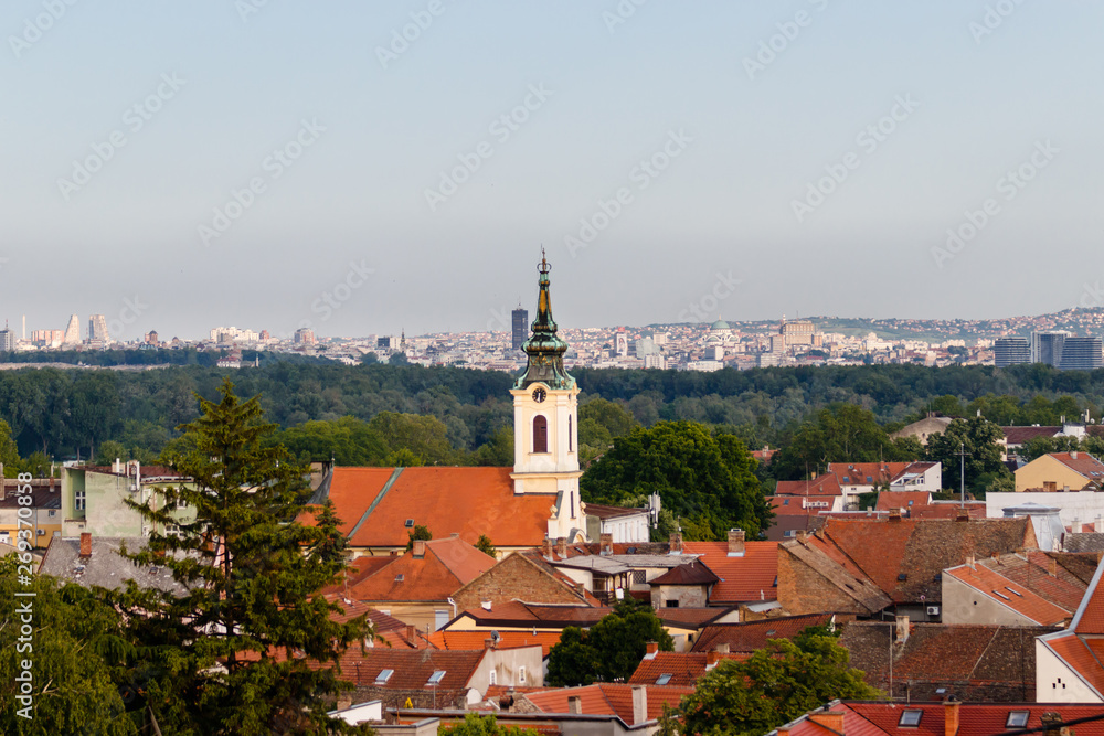 Beautiful panorama with old church tower, Zemun, Serbia