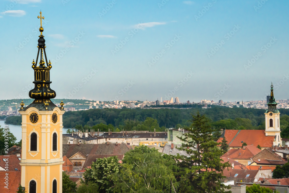 Panoramic view with beautiful old church tower