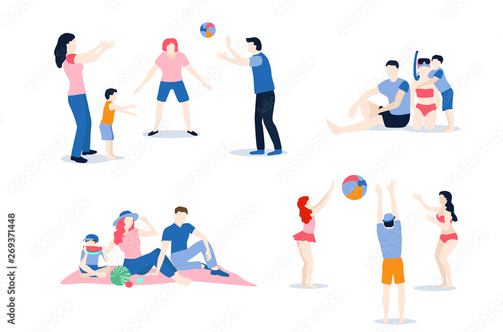 Summer holidays. People with kids have picnic on beach, swim, play volleyball.
