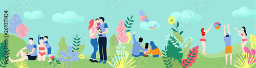 Summer holidays. People with kids spend weekend in park, on beach, play volleyball.