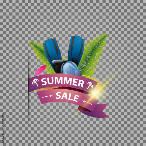 Summer sale, isolated web banner with ribbon, diving mask, fins and palm leaves
