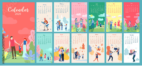 Colorful calendar for 2020 year in flat style. Week starts from Sunday.