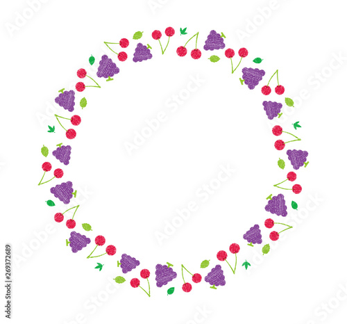 vector fluits circle illustration for greeting card and invitation template (wedding or birthday anniversary etc.) .handwriting style / Colored pencil stroke. cherry and grape.