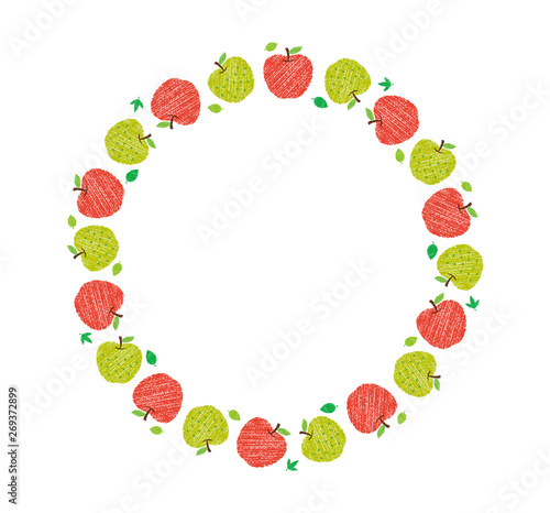 vector fluits circle illustration for greeting card and invitation template (wedding or birthday anniversary etc.) .handwriting style / Colored pencil stroke. apple and green apple.