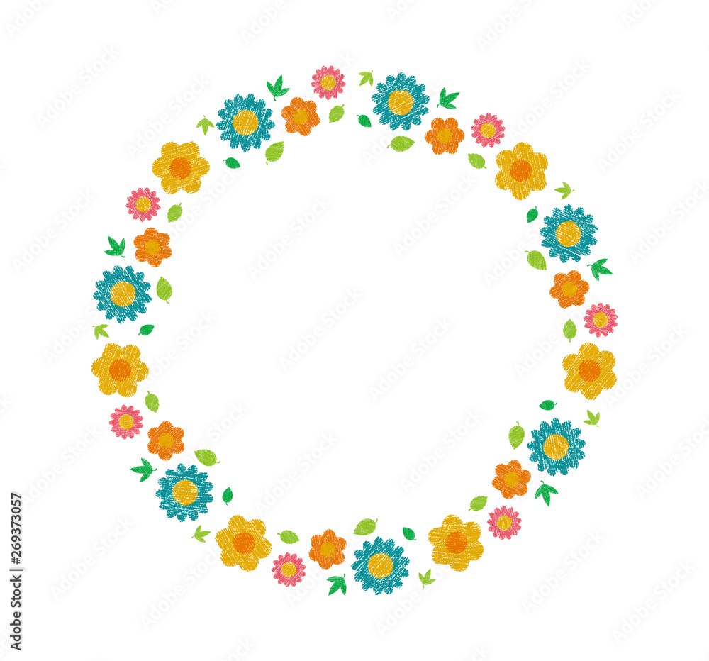 vector floral circle illustration for greeting card and invitation template (wedding or birthday anniversary etc.) .handwriting style / Colored pencil stroke.