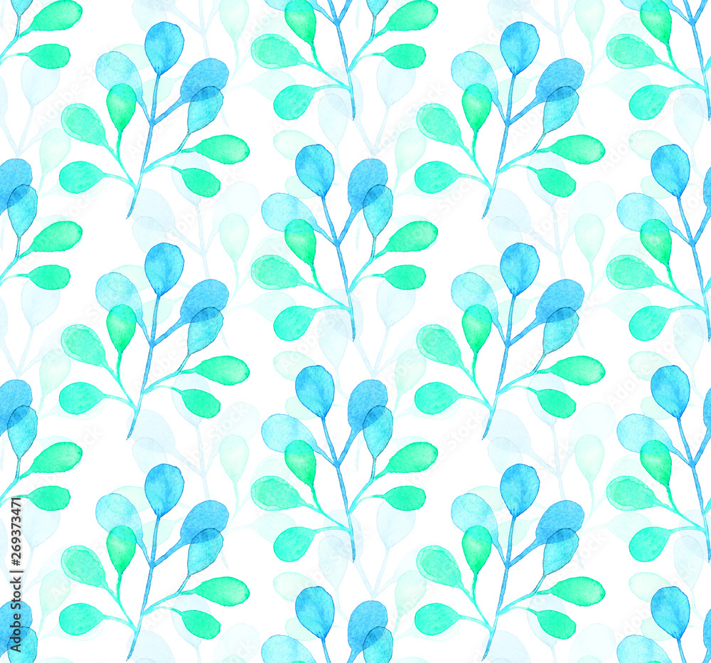 Fototapeta premium Seamless watercolor pattern background with tree leaves twigs