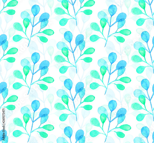 Seamless watercolor pattern background with tree leaves twigs