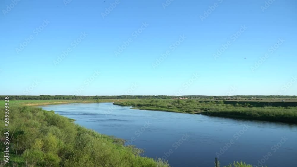 midges fly on the background of the river and clear sky midges fly on the background of the river and clear sky