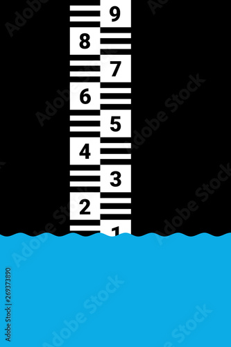 Water level gauge is measuring amount of water in river, dam, sea and ocean during flood and drought. Liquid is growing and increasing or dropping and decreasing. Vector illustration