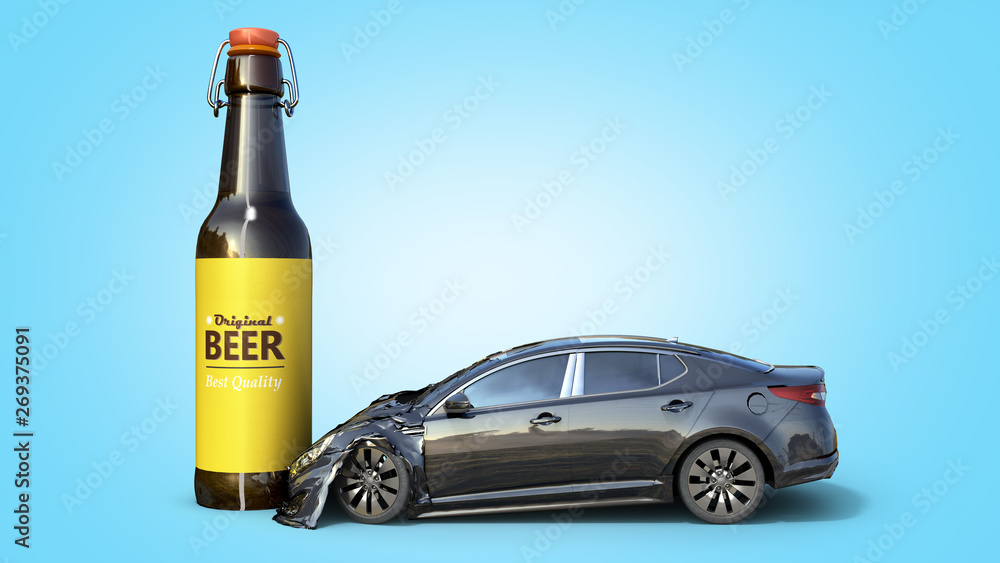 drunk driving concept car crashed on a bottle 3d render on blue gradient drunk driving concept car crashed on a bottle 3d render on blue gradient
