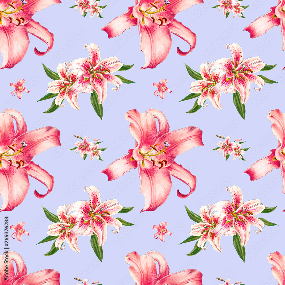 Seamless pink lily pattern. Bouquet of flowers. Floral print. Marker drawing. Watercolor painting. Wedding birthday festive wallpaper. Endless texture. Painted background. Hand drawn illustration. Seamless pink lily pattern. Bouquet of flowers. Floral print. Marker drawing. Watercolor painting. Wedding birthday festive wallpaper. Endless texture. Painted background. Hand drawn illustration.