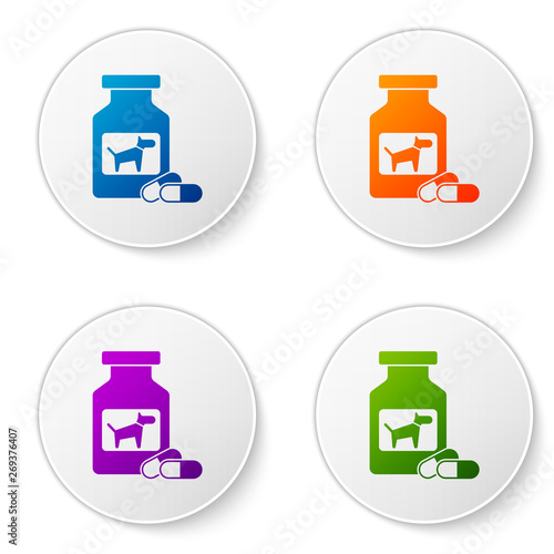Color Dog medicine bottle and pills icon isolated on white background. Container with pills. Prescription medicine for animal. Set icons in circle buttons. Vector Illustration