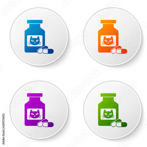 Color Cat medicine bottle and pills icon isolated on white background. Container with pills. Prescription medicine for animal. Set icons in circle buttons. Vector Illustration