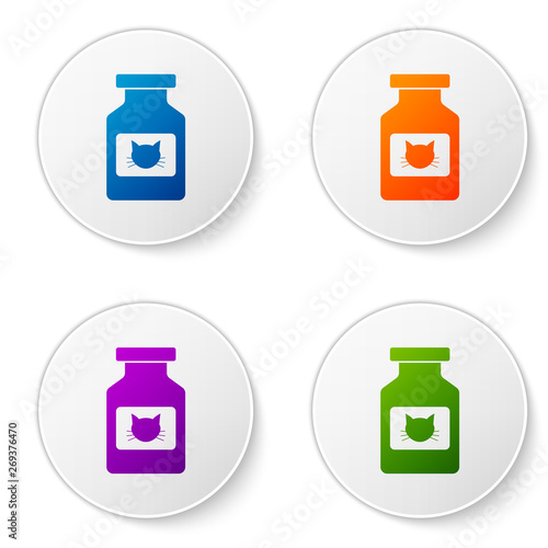 Color Cat medicine bottle icon isolated on white background. Container with pills. Prescription medicine for animal. Set icons in circle buttons. Vector Illustration