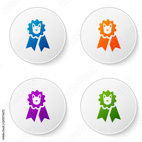 Color Dog award symbol icon isolated on white background. Medal with dog footprint as pets exhibition winner concept. Set icons in circle buttons. Vector Illustration