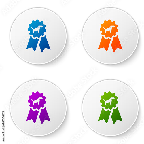 Color Dog award symbol icon isolated on white background. Medal with dog footprint as pets exhibition winner concept. Set icons in circle buttons. Vector Illustration
