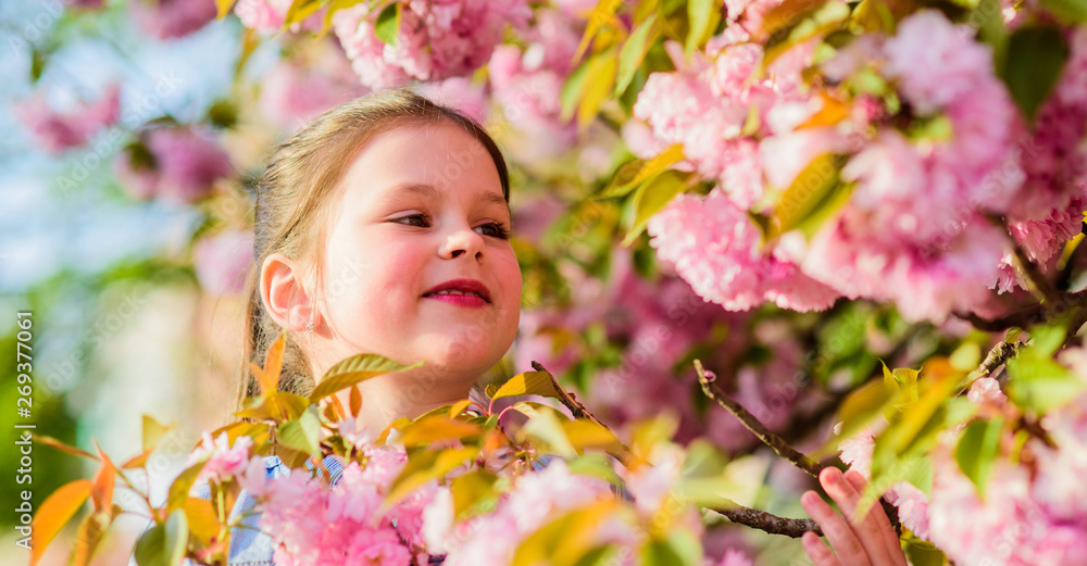 small girl in spring flower bloom. blossom smell, allergy. skincare spa. Natural cosmetics for skin. happy girl in cherry flower. Sakura blooming. summer holiday. Childhood beauty. Greeting summer small girl in spring flower bloom. blossom smell, allergy. skincare spa. Natural cosmetics for skin. happy girl in cherry flower. Sakura blooming. summer holiday. Childhood beauty. Greeting summer