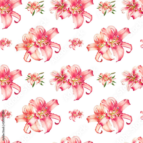 Seamless pink lily pattern. Bouquet of flowers. Floral print. Marker drawing. Watercolor painting. Wedding birthday festive wallpaper. Endless texture. Painted background. Hand drawn illustration. © Diana