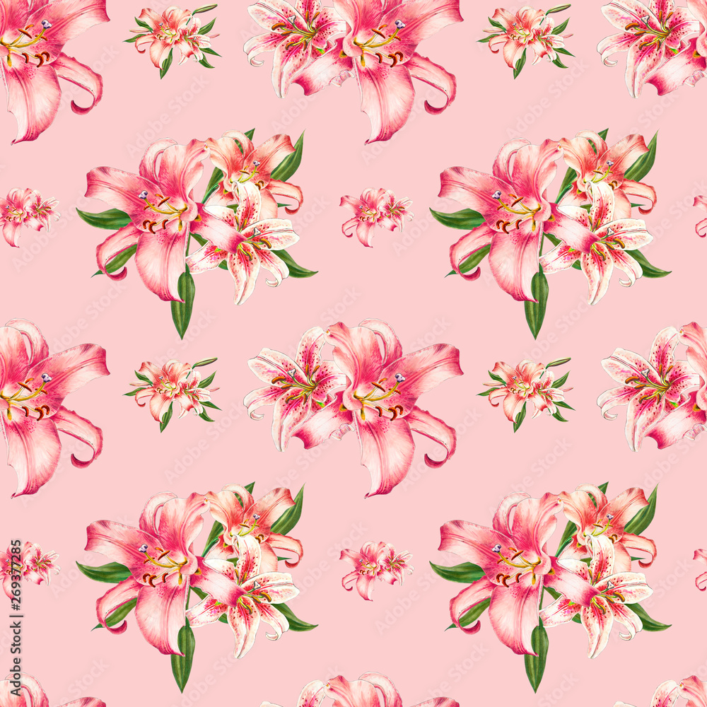 Seamless pink lily pattern. Bouquet of flowers. Floral print. Marker drawing. Watercolor painting. Wedding birthday festive wallpaper. Endless texture. Painted background. Hand drawn illustration. Seamless pink lily pattern. Bouquet of flowers. Floral print. Marker drawing. Watercolor painting. Wedding birthday festive wallpaper. Endless texture. Painted background. Hand drawn illustration.