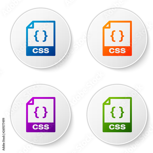 Color CSS file document icon. Download css button icon isolated on white background. CSS file symbol. Set icons in circle buttons. Vector Illustration