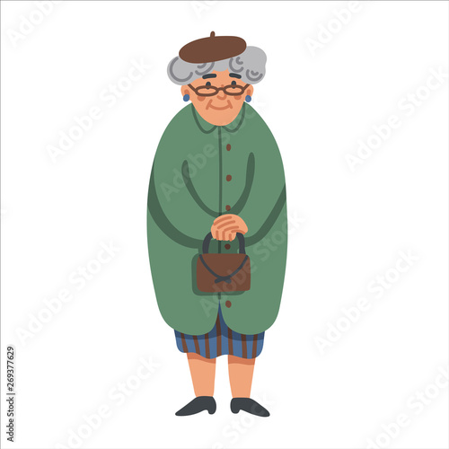 Elderly woman. Smiling grandmother holding little hand bag. Funny granny in glasses wearing green coat isolated on white background. Flat style vector illustration.
