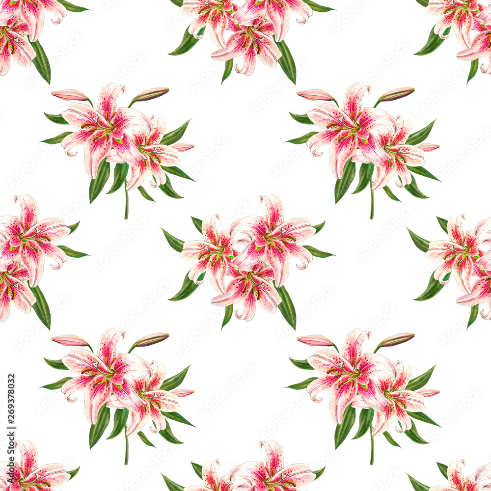 Seamless pink lily pattern. Bouquet of flowers. Floral print. Marker drawing. Watercolor painting. Wedding birthday festive wallpaper. Endless texture. Painted background. Hand drawn illustration.