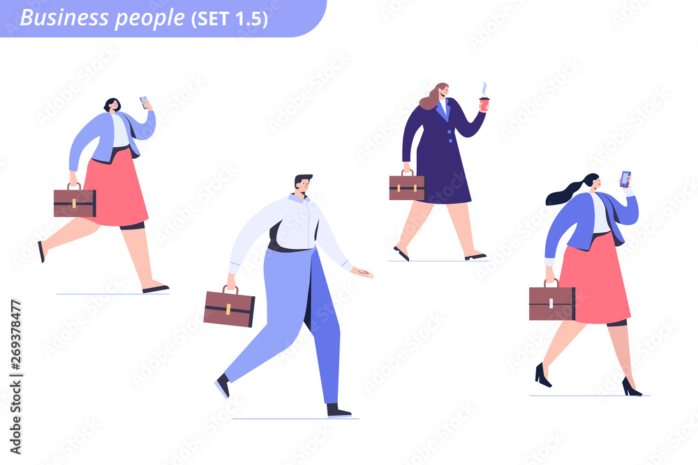 Business people rush to work side view. Walking people flat vector characters.
