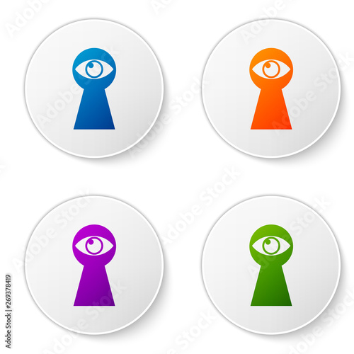 Color Keyhole with eye icon isolated on white background. The eye looks into the keyhole. Keyhole eye hole. Set icons in circle buttons. Vector Illustration