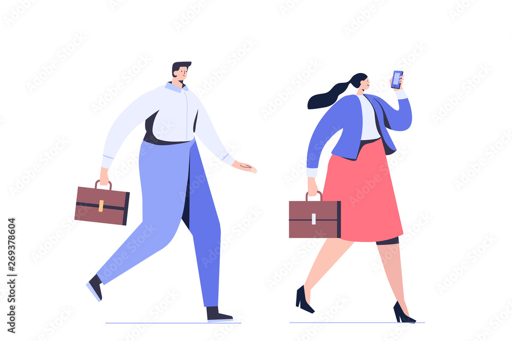 Business people rush to work side view. Walking people flat vector characters. Business people rush to work side view. Walking people flat vector characters.