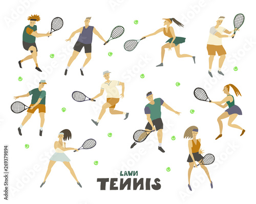Tennis player men women set Boy Guy Girl with racket and ball Human figure in motion